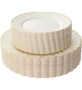 Lullaby 60PCS Ivory Scalloped Plastic Plates with Gold Rim, Disposable Elegant Plates Include 30p...