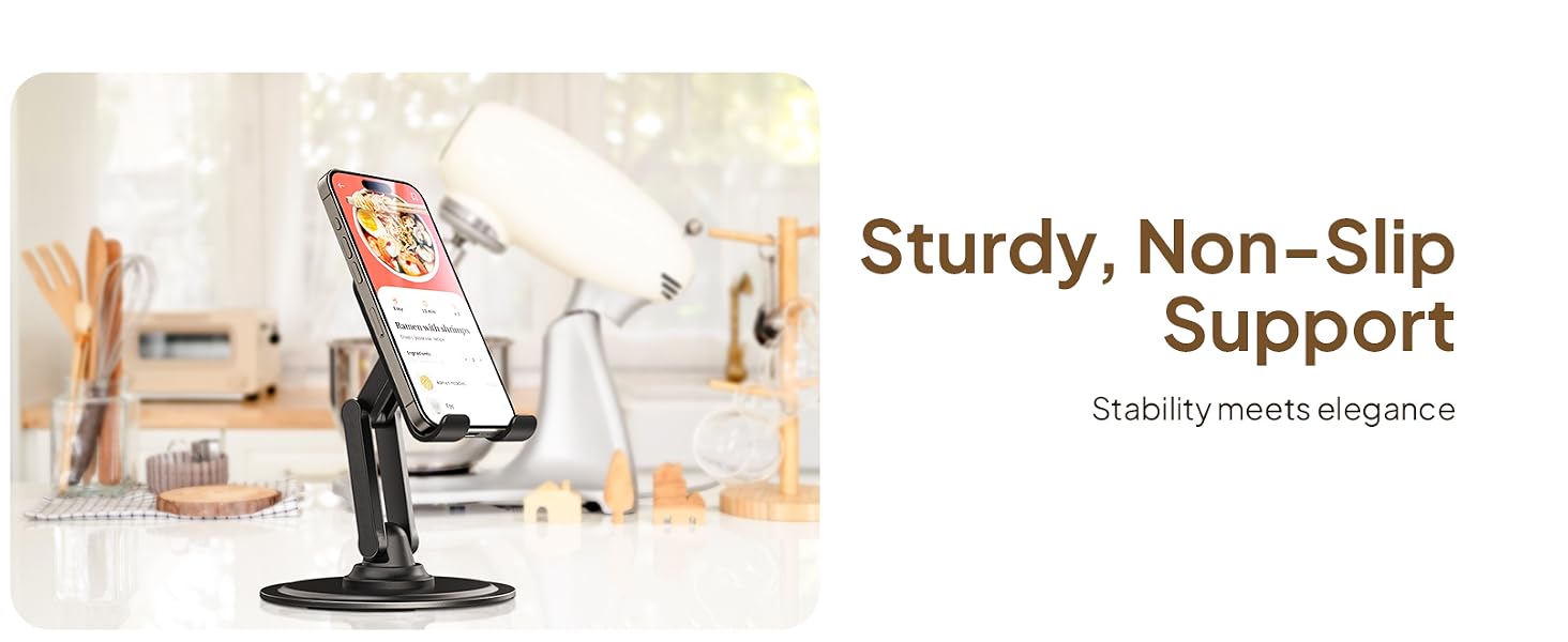 Sturdy cell phone holder for desk with a non-slip base, ensuring secure and hands-free kitchen use.
