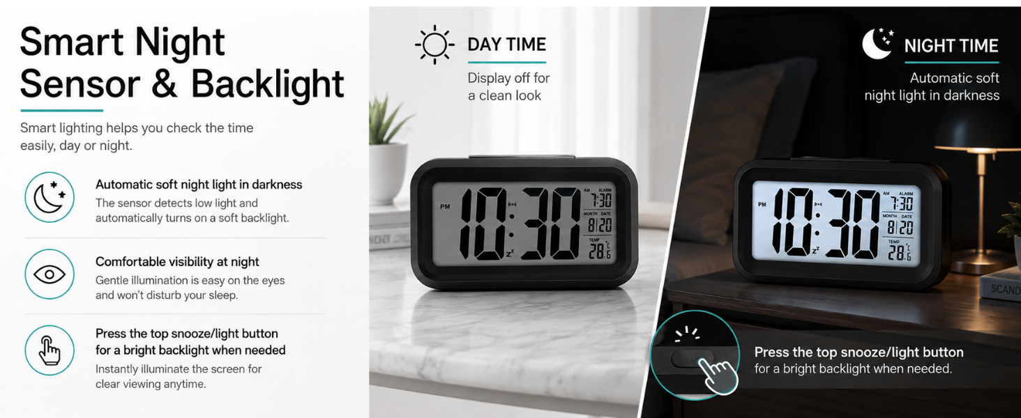 digital alarm clock, digital table clock, LED alarm clock, LCD alarm clock, alarm clock, SPN-RECPP