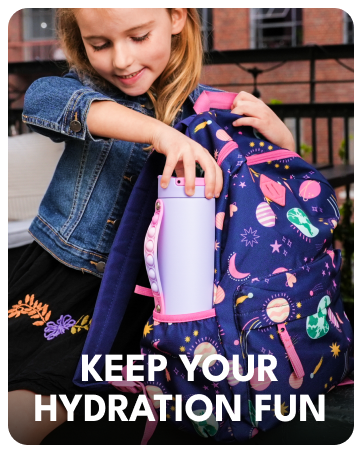 Girl placing an Elemental Iconic Pop insulated water bottle into a kids backpack for school.