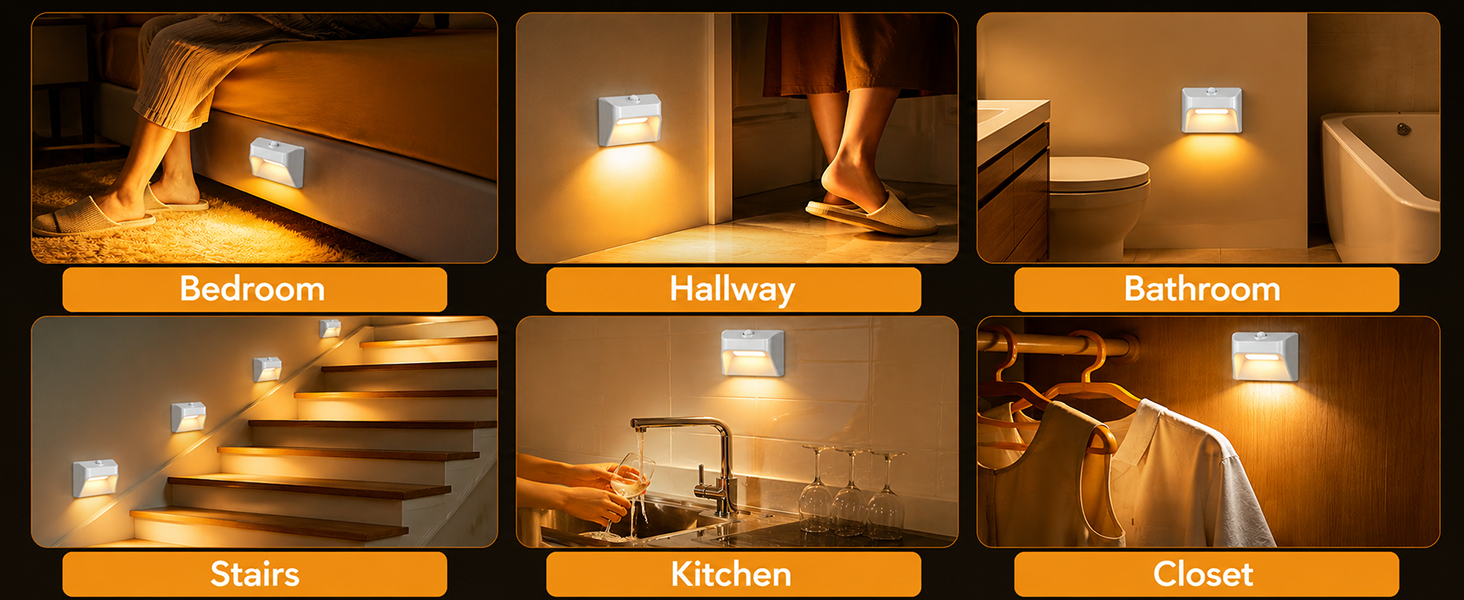 Grid of six warm-lit interior design scenes showing various room setups with furniture, lighting fixtures, decorative elements, and home furnishings in golden ambient lighting.