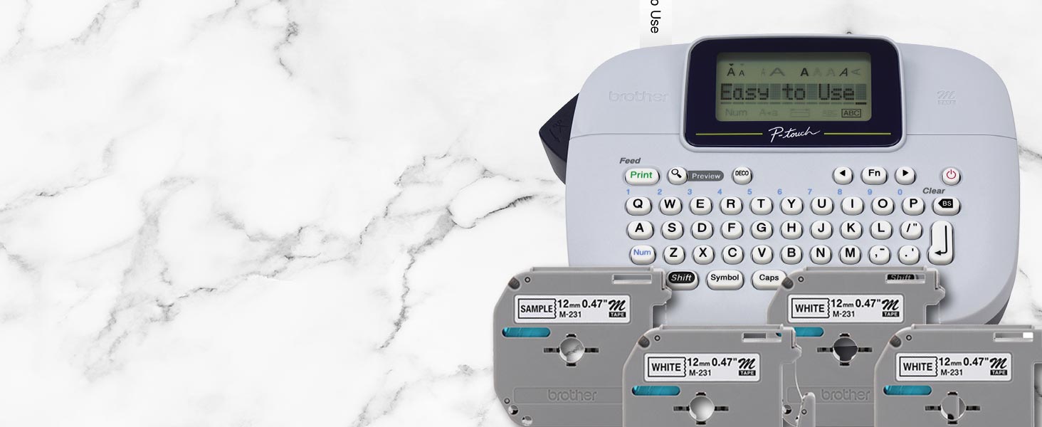 Label maker on marble surface, shown with 4 included label tapes