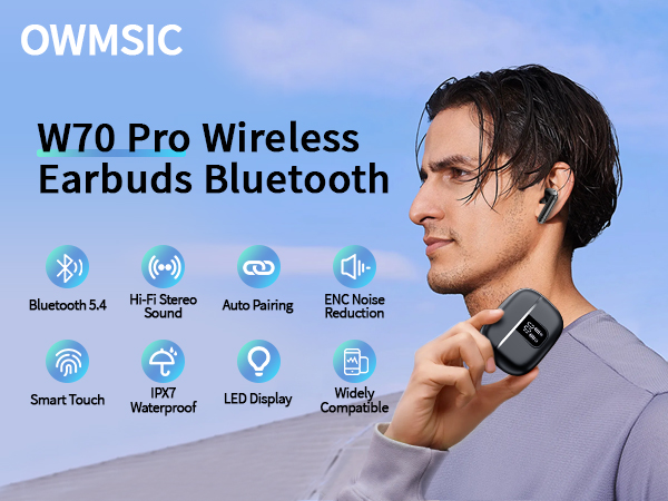 Wireless earbuds product image showcasing features: Bluetooth 5.0, Hi-Fi Sound, Auto Pairing, ENC Noise Reduction, Smart Touch, 30H Playtime, LED Display, IPX7 Waterproof.