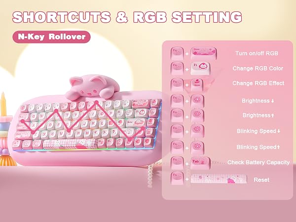 Text reads "SHORTCUTS & RGB SETTING" and "Key Rollover". Pink mechanical keyboard with RGB lighting demonstration showing key functions and customization options displayed on screen.