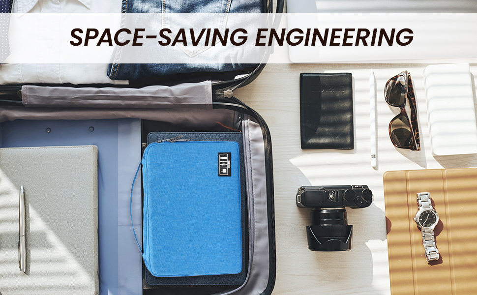 High capacity double layer travel organizer packed flat inside a carry on suitcase.