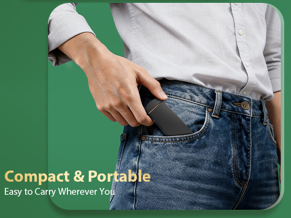 Text reads "Compact & Portable Easy to Carry Wherever Top." Hand inserting dark object into jeans pocket, demonstrating portable storage against green background.