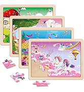 SYNARRY Large Unicorn Mermaid Princess Fairy Wooden Kids Puzzles 4 in 1 Gift Box(12.2*9.4 in) - F...