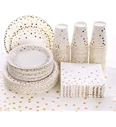 hapray Gold Plates, 201 Pcs Disposable Dinnerware Set for 50 Guests | Gold Polka Dots Party Suppl...