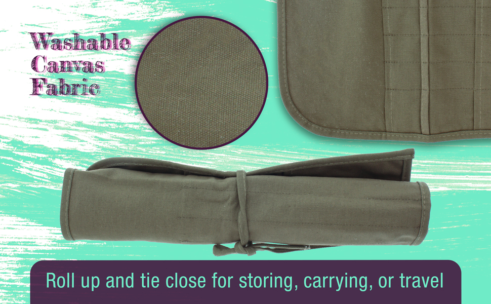 Deluxe 24-slot canvas roll-up brush holder for storing and protecting paintbrushes, pens, and tools.