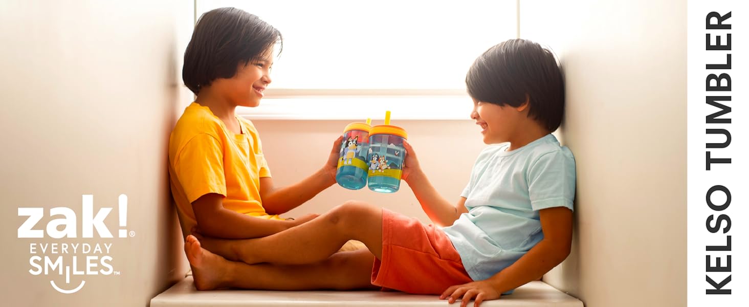 Banner with two boys holding Bluey Kelso tumblers and zak! everyday smiles logo
