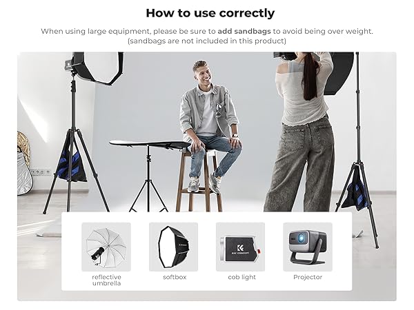 Photography studio setup with lighting equipment. Main image shows studio scene, smaller images display reflective umbrella, softbox, COB light, and projector components.