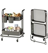 DTK 2 Tier Metal Foldable Utility Rolling Storage Cart, Handle and Locking Wheels, 3 Small Basket...