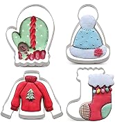 LILIAO Winter Holiday Christmas Cookie Cutter Set - 4 Piece - Ugly Sweater, Stocking, Hat and Mit...