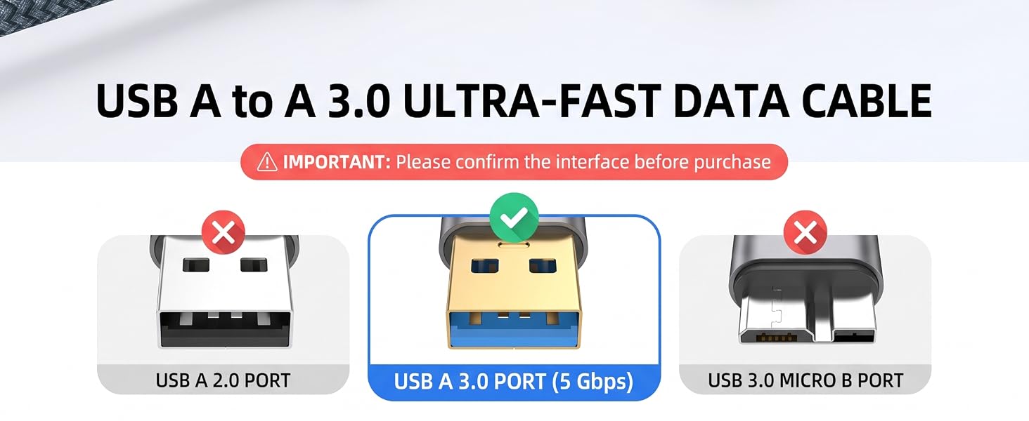 USB A to A 3.0 cable. Requires USB A 3.0 port, not for Micro B.