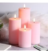 Girimax Pink Ribbed Flameless Pillar Candles with Remote, Flat Top Flickering LED Wax Battery Can...