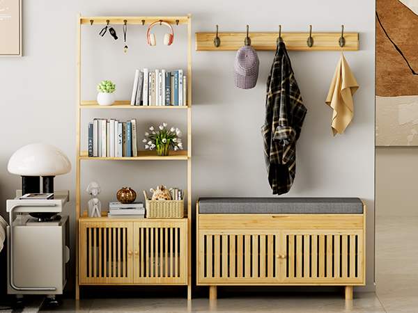 Shoe Storage Bench, Bamboo Entryway Bench with 2 Doors & Padded Seat Cushion