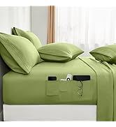 BYSURE 6 Pieces Bed Sheets Set with Pockets on Side(King, Sage Green), Sweat-Wicking Breathable S...