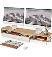 Fenge Dual Monitor Stand with Large Storage Drawer, 42.5" Dsek Shelf, Oak | Slide-Out Drawer with...