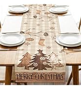 Croar Merry Christmas Pine Tree Dining Table Runner, Xmas Buffalo Plaid Wood Ornament Burlap Kitc...