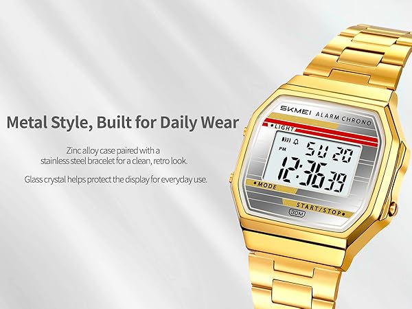 Rectangular retro digital watch with metal bracelet and glass crystal, durable daily-wear design