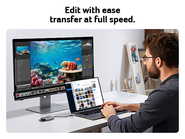 Man using laptop connected to large monitor displaying underwater photo editing. Text above: 'Edit with ease transfer at full speed.'
