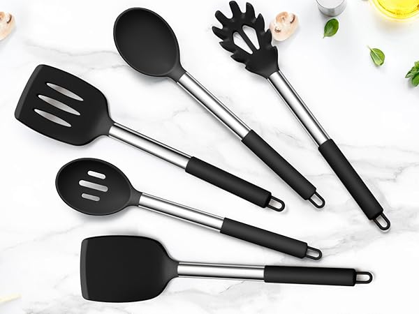 black silicone utensils with stainless steel handle