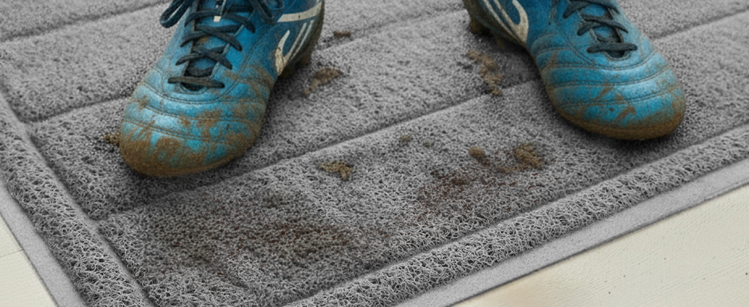 muddy boots walking across absorbent gray doormat