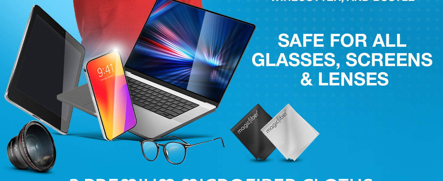 2 Premium Microfiber cloths. Safe for all Glasses, screens and lenses.