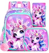 ZLYERT 16" Unicorn Backpack for Girls, 3Pcs Kids School Backpacks with Lunch Box, Bookbag for Ele...