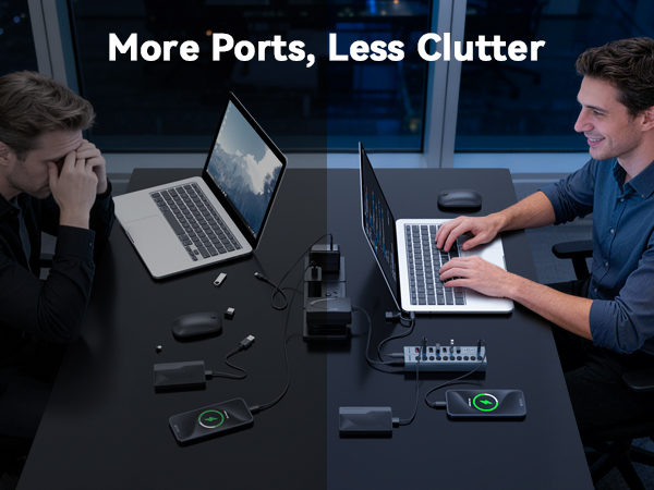 Text reads "More Ports, Less Clutter." Two people at dark desk with laptops and multiple small black electronic devices/ports displayed between them, demonstrating connectivity solutions.