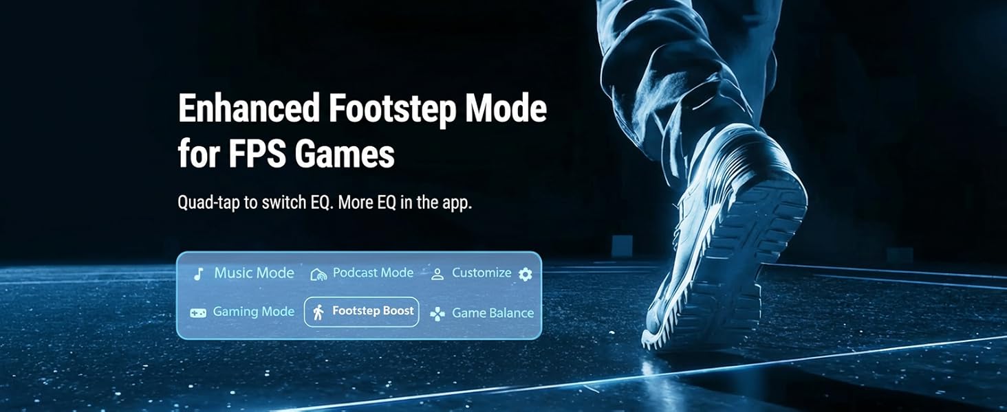 Text reads 'Enhanced Footstep Mode for FPS Games'. Interface showing gaming audio settings with dark background and blue accent lighting.