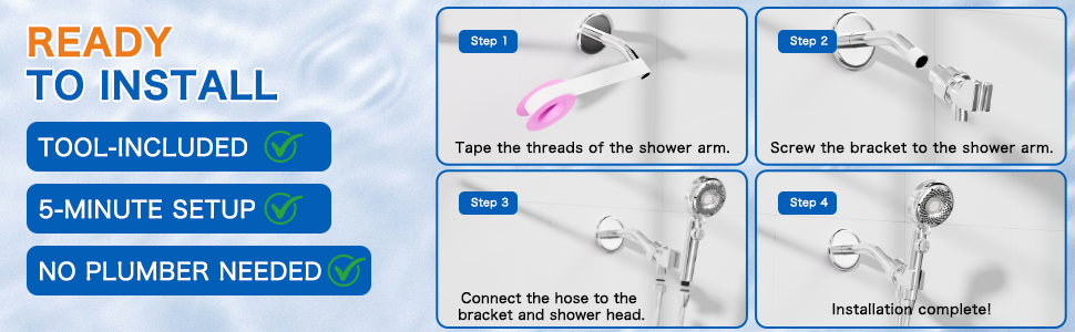 Handheld shower head with hose comes with all the accessories needed for quick, 5-minute setup.