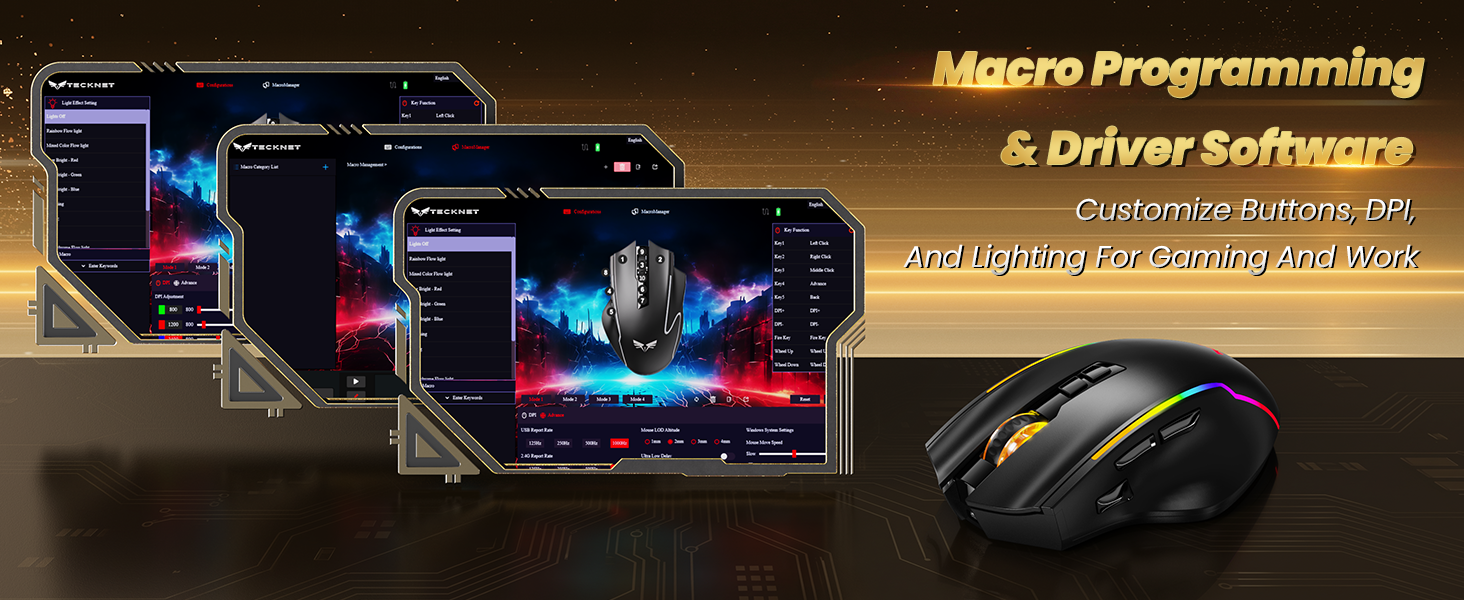 Text reads 'Macro Programming & Driver Software' and 'Customizable Buttons' and 'And Lighting For Gaming And Work'. Gaming setup featuring laptop, tablet, and yellow/black ergonomic mouse with RGB lighting.