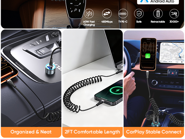 coiled usb c cable for car
