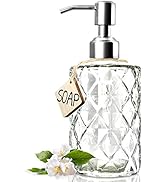 JASAI Diamond Design 12 Oz Glass Soap Dispenser for Kitchen with 304 Rust Proof Stainless Steel P...