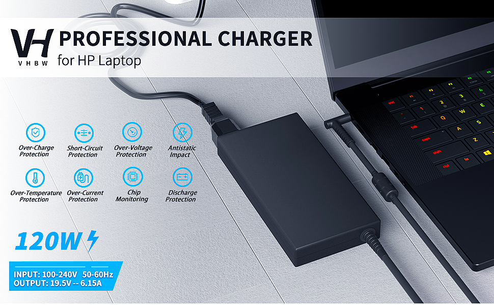 VHBW PROFESSIONAL CHARGER is Compatible with HP Laptop. Its iNPUT is 100-240V, OUTPUT is 19.5V 6.15A