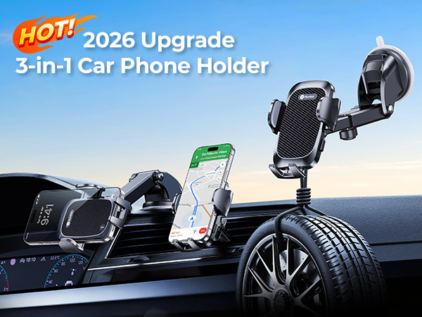 3-in-1 car phone holder mounted on air vent, dashboard and windshield
