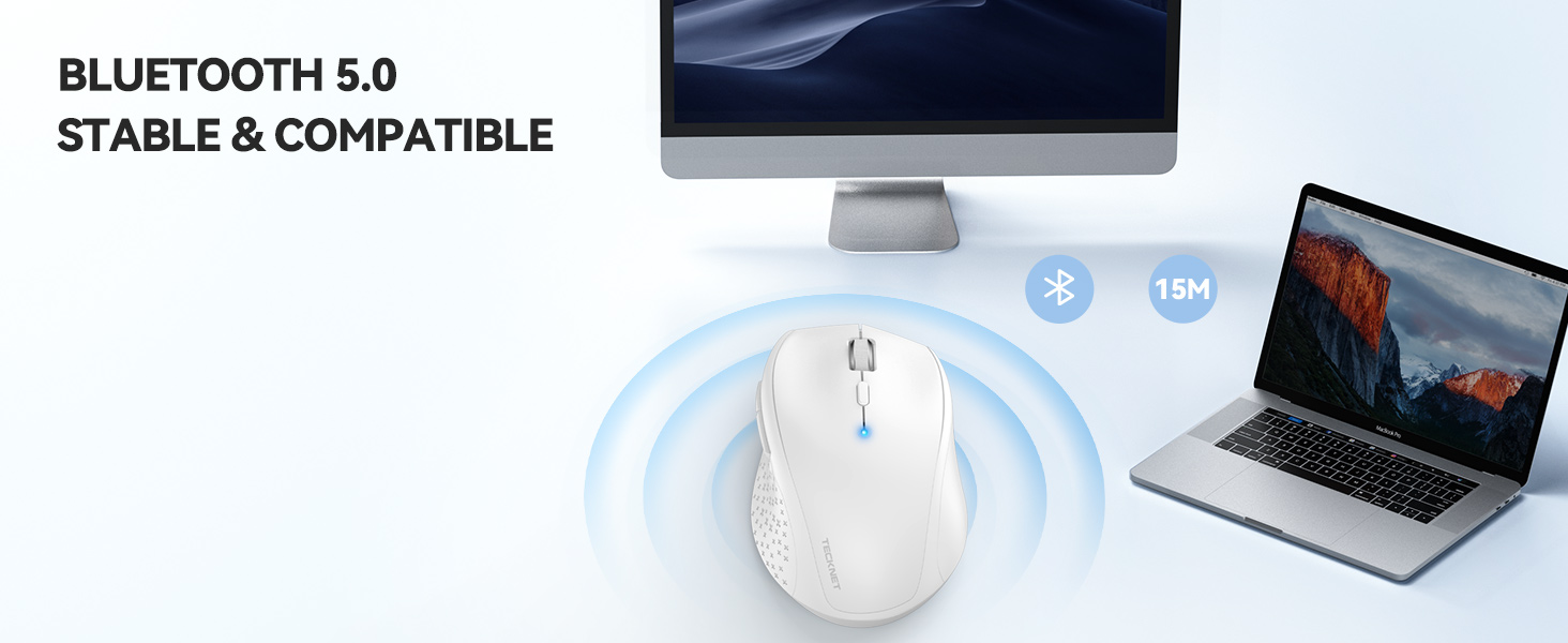 White wireless mouse with Bluetooth 5.0 compatibility. Shown next to laptop and with connectivity diagram. Text indicates 'Stable & Compatible'.