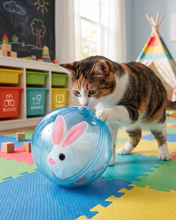 Eco-friendly rechargeable cat toys rolling automatically across wood floors.