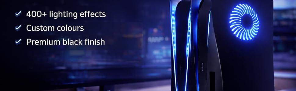 Black PS5 faceplate with blue RGB LED lighting installed on console with gaming setup background0