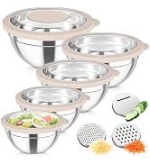 TeamFar Mixing Bowls, Stainless Steel Salad Serving Bowl with Clear Lids | with 3 Graters, For Ki...