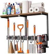 Supforce Broom Holder Wall Mount with Top Wooden Shelf, Heavy Duty Metal Cleaning Supplies Broom ...