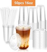 KesaPlan 50 Pack 16oz Clear Plastic Cups with Sip Lids & Straws,Disposable Elevated Dual-hole Lid...