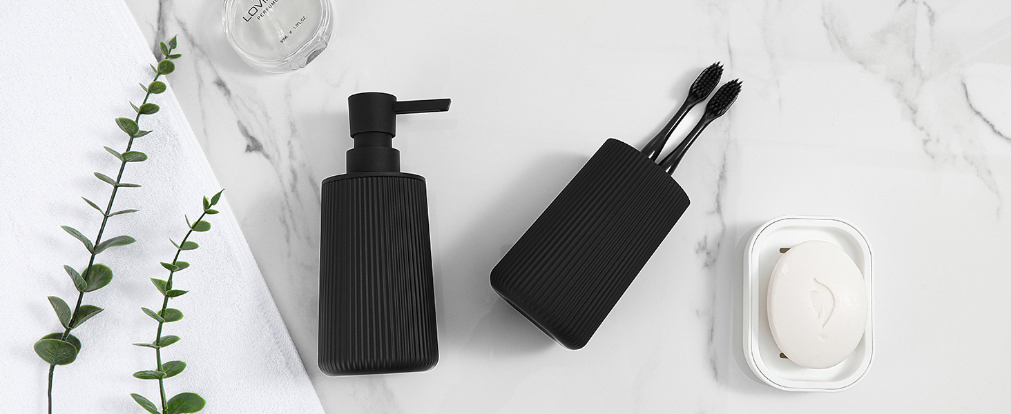 Black Striped Soap Dispenser and Toothbrush Holder Set