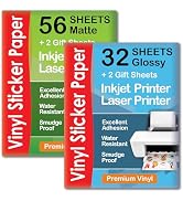 Premium Printable Vinyl Sticker Paper Matte for Inkjet Printer 56 sheets + Premium Printable Viny...