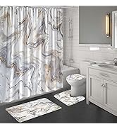 MitoVilla Marble Bathroom Sets with Shower Curtain and Rugs and Accessories, Abstract Grey Gold W...
