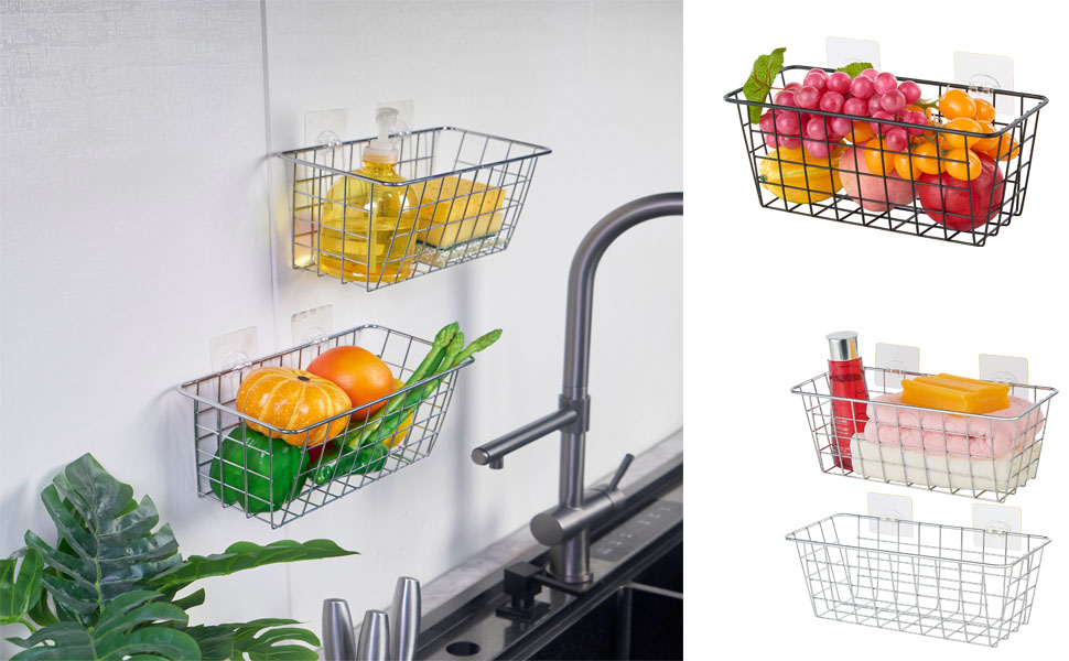 Hanging Kitchen Wire Storage Traceless Stick Basket on Cabinet Door Wall Organizer no Drilling