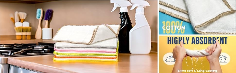 Mother-Earth Cotton Dish Cloths, Absorbent Quick-Drying Cleaning Cloths, Reusable Kitchen Dish Rags