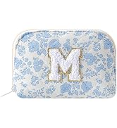 WHHJM Initial Dome Cosmetic Makeup Bag Small Cotton Quilted Makeup Pouch for Purse Cute Blue Flor...