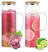 EATHEATY 2 Pcs 52oz Glass Pitcher with Lid, Heat Resistant Borosilicate Glass Jug Glass Water Pit...